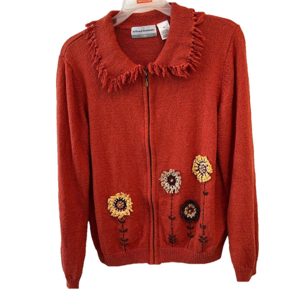 Vintage Alfred Dunner Cottagecore Orange Zip Up Cardigan Flower Petite L